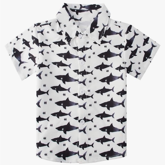 NWT Boys Button Down Shirt shark Hawaiian Aloha Short Sleeve Dress Shirt Top - Picture 1 of 2